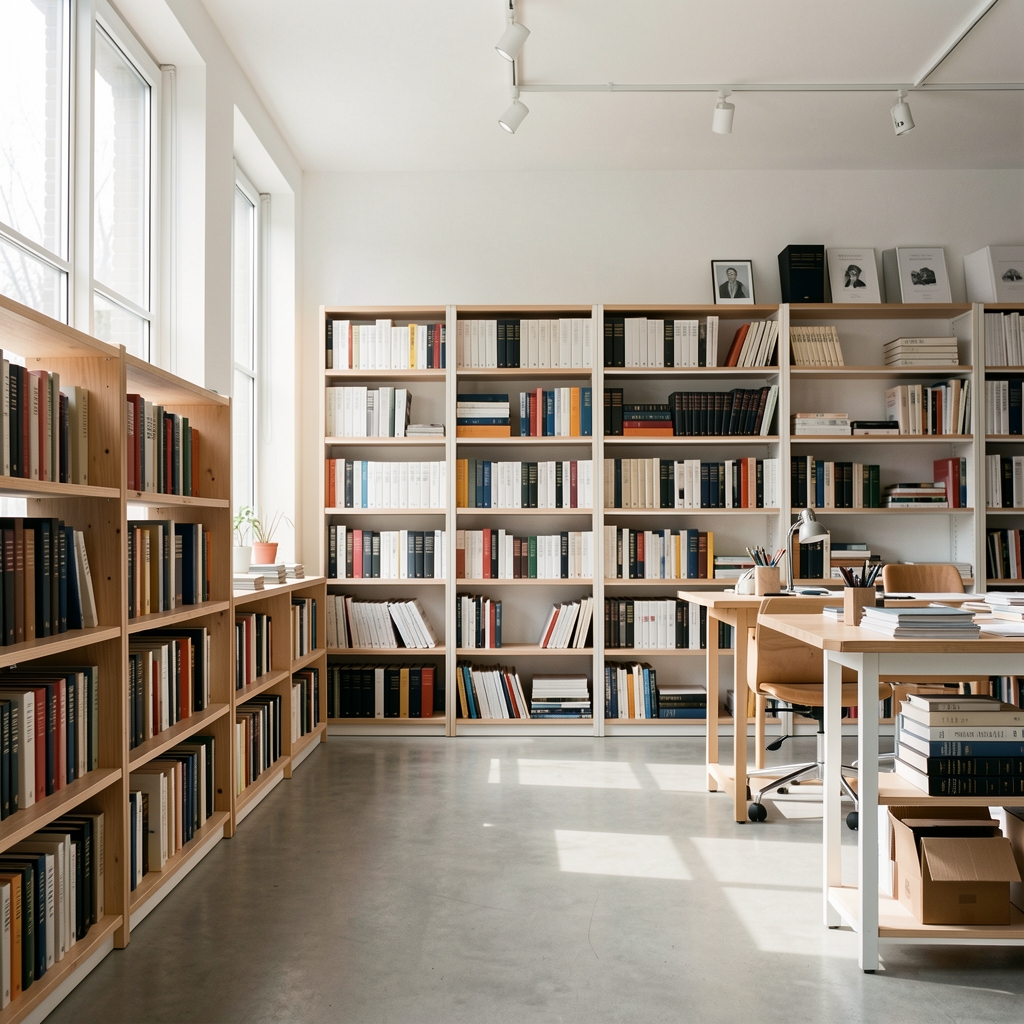 Wide view of a bright editorial studio workspace with bookshelves, reference volumes and natural daylight, photographed from a low angle