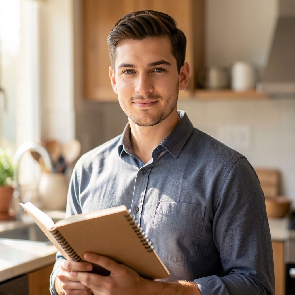 Portrait of Harriet Ashcroft, contributing editor, photographed in a sunlit kitchen environment holding a notebook